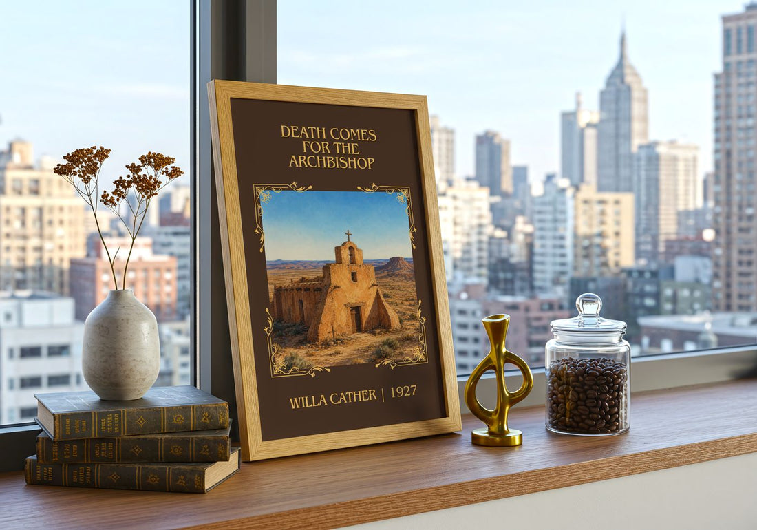 Death Comes for the Archbishop Classic Book Art Print by Willa Cather – framed print on a city-view windowsill