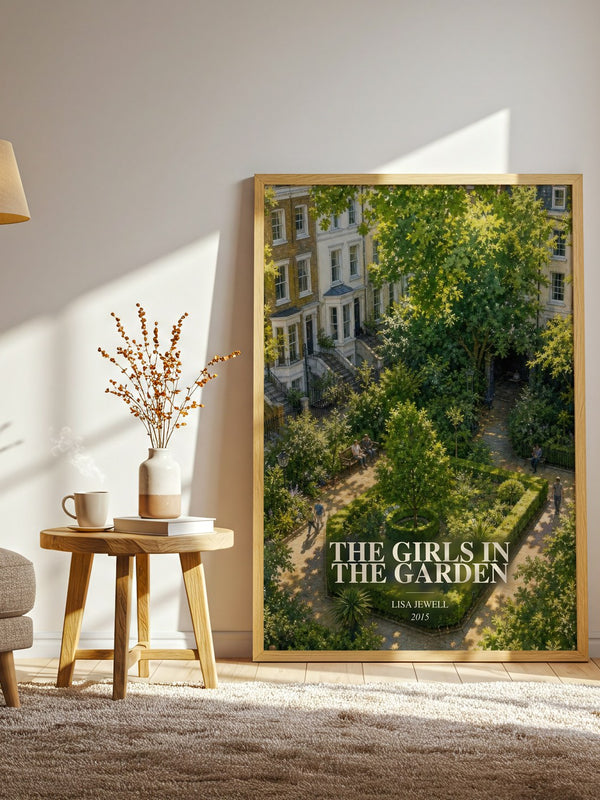 The Girls In The Garden watercolour print in frame leaning in hallway – mystery wall art