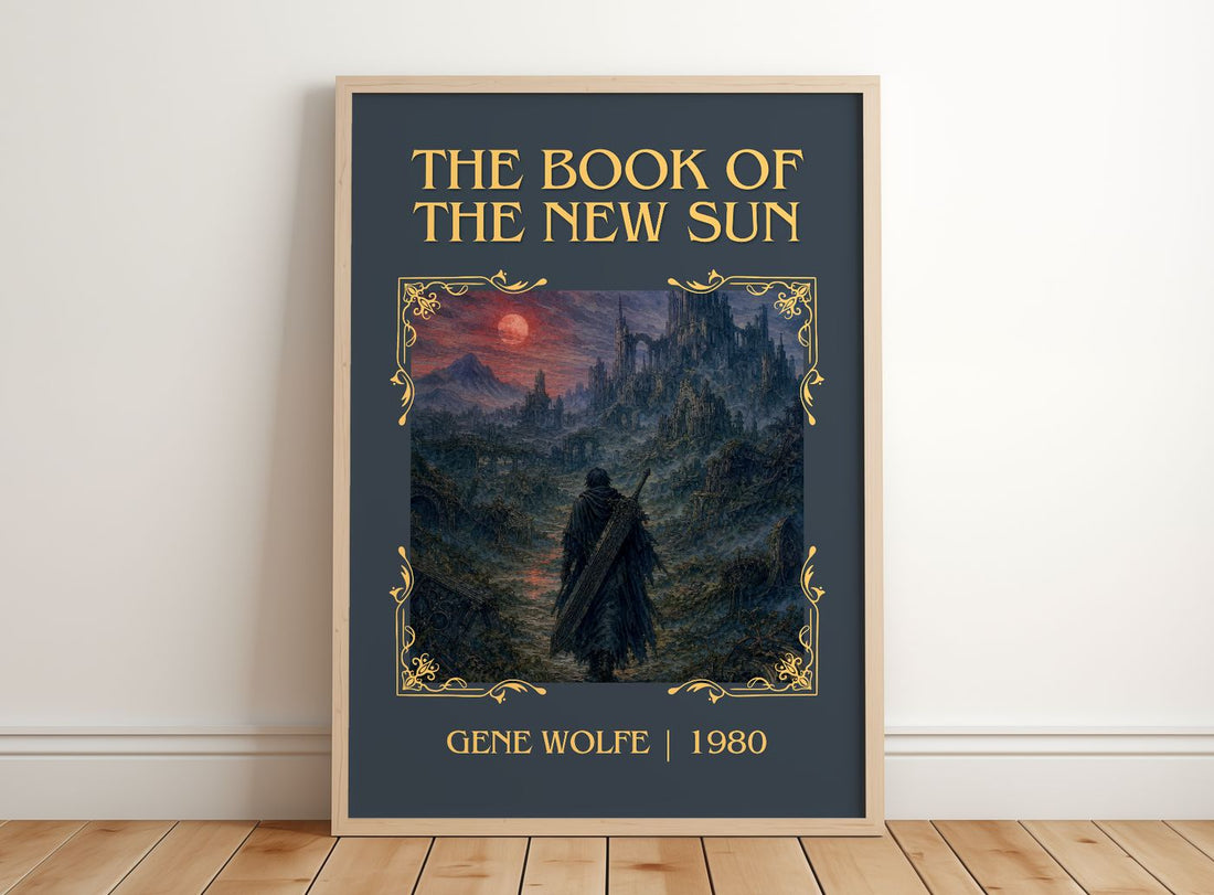The Book of the New Sun Classic Book Art Print by Gene Wolfe – framed print leaning on a wooden floor