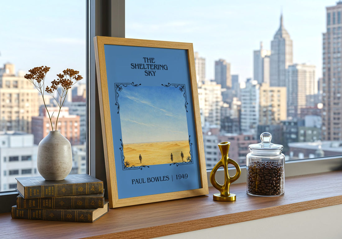 The Sheltering Sky Classic Book Art Print by Paul Bowles – framed print on a city-view windowsill