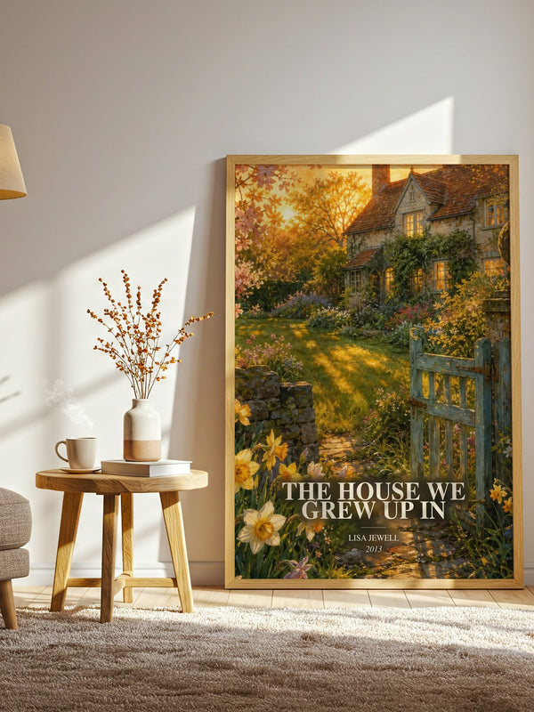 The House We Grew Up In watercolour print in frame leaning in hallway – contemporary fiction wall art