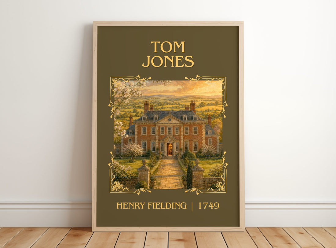 Tom Jones Classic Book Art Print by Henry Fielding – framed print leaning on a wooden floor