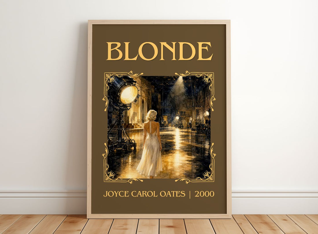 Blonde Classic Book Art Print by Joyce Carol Oates – framed print leaning on a wooden floor