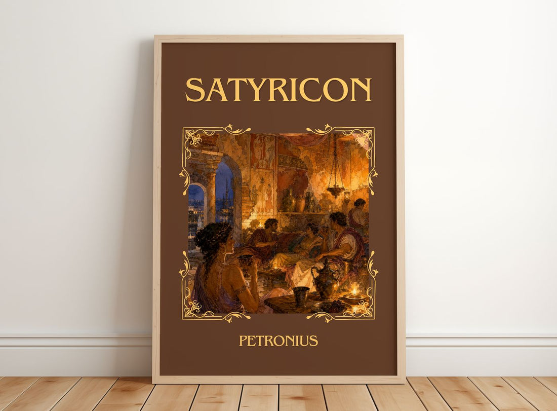 Satyricon Classic Book Art Print by Petronius – framed print leaning on a wooden floor