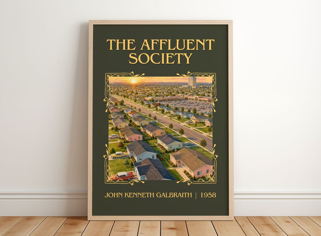 The Affluent Society Classic Book Art Print by John Kenneth Galbraith – framed print leaning on a wooden floor