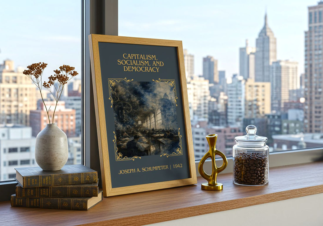 Capitalism, Socialism, and Democracy Classic Book Art Print by Joseph A. Schumpeter – framed print on a city-view windowsill