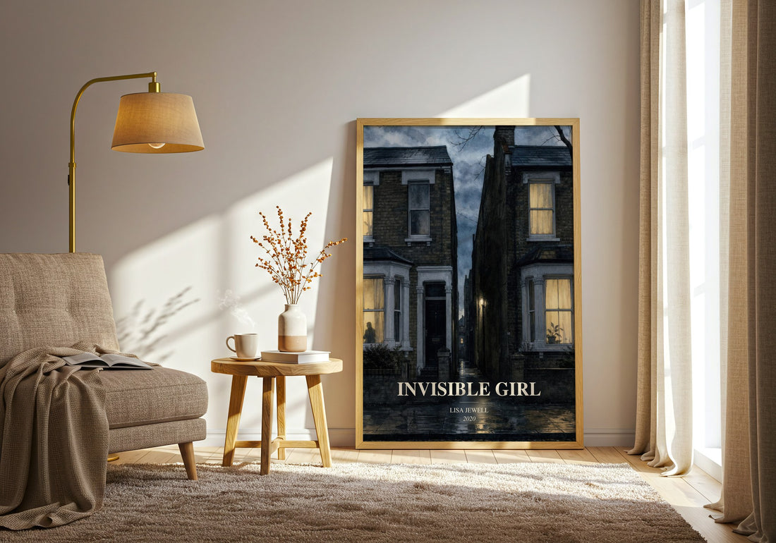 Invisible Girl watercolour print in frame leaning in hallway – thriller wall art (mockup)