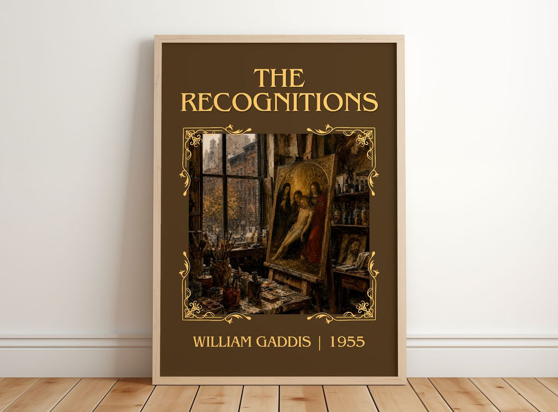 The Recognitions Classic Book Art Print by William Gaddis – framed print leaning on a wooden floor