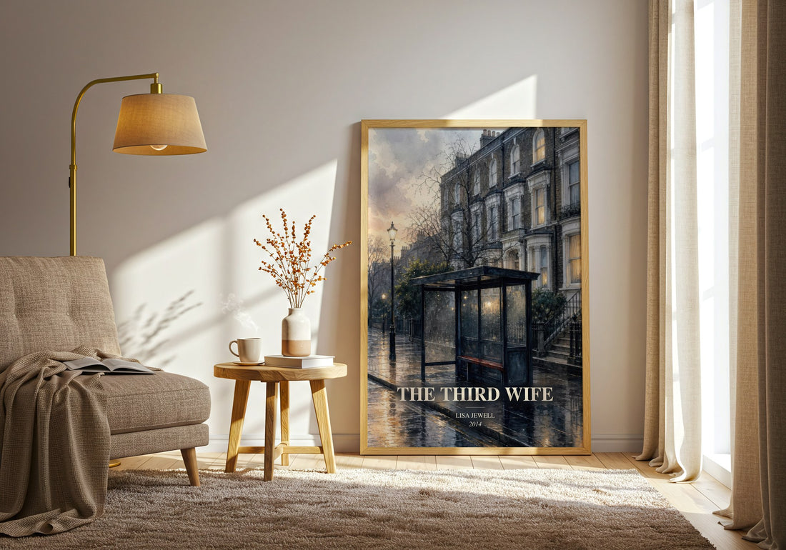 The Third Wife watercolour print in frame leaning in hallway – contemporary fiction wall art (mockup)