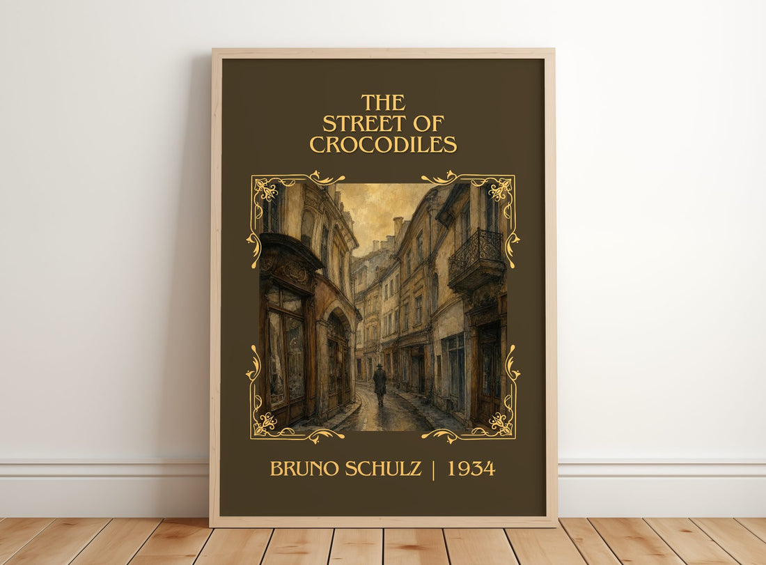 The Street of Crocodiles Classic Book Art Print by Bruno Schulz – framed print leaning on a wooden floor