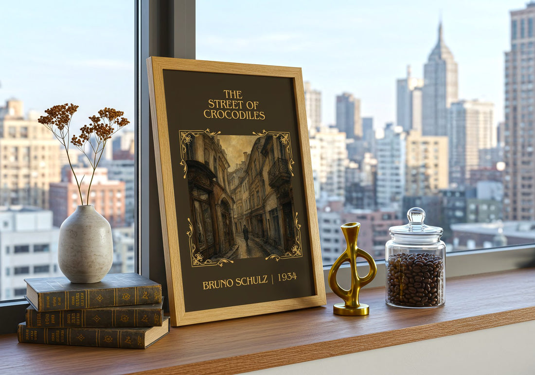 The Street of Crocodiles Classic Book Art Print by Bruno Schulz – framed print on a city-view windowsill