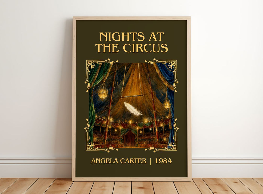 Nights At The Circus Classic Book Art Print by Angela Carter – framed print leaning on a wooden floor