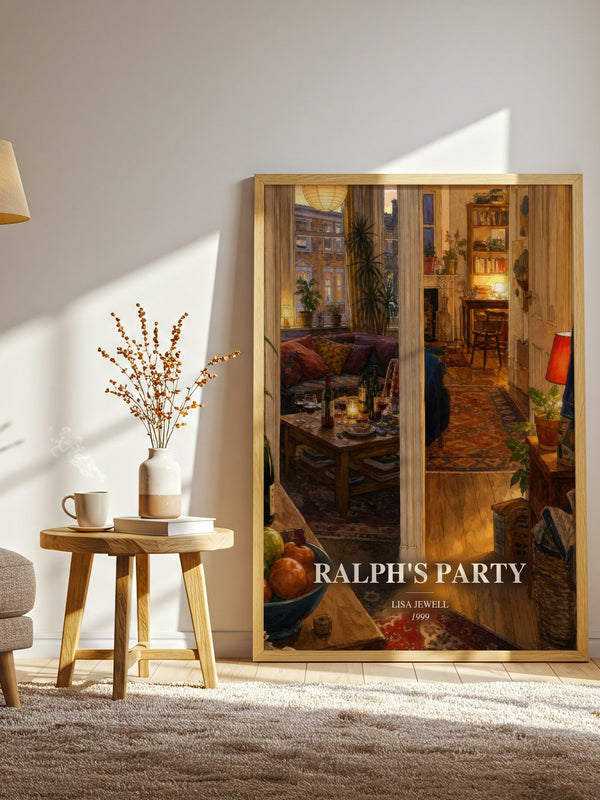 Ralph'S Party watercolour print in frame leaning in hallway – contemporary fiction wall art
