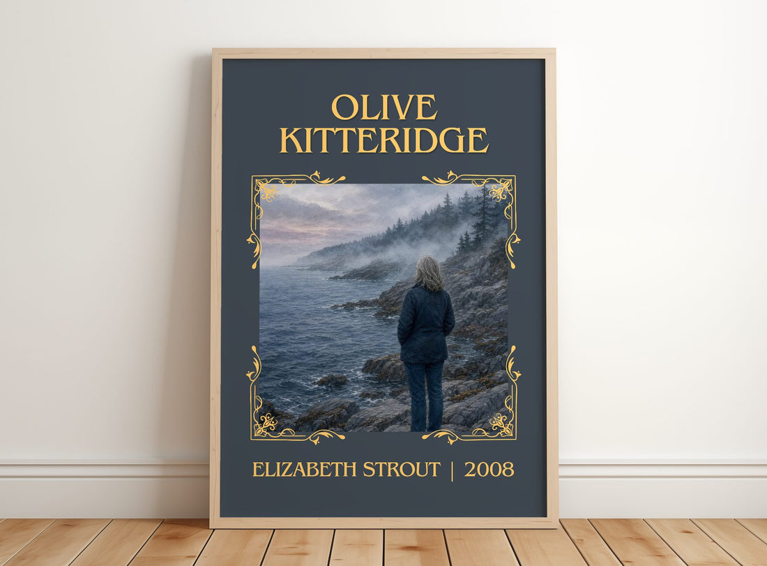 Olive Kitteridge Classic Book Art Print by Elizabeth Strout – framed print leaning on a wooden floor