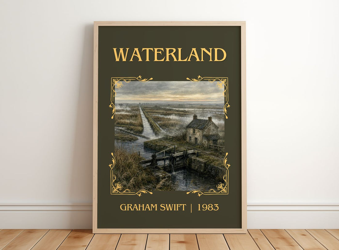 Waterland Classic Book Art Print by Graham Swift – framed print leaning on a wooden floor