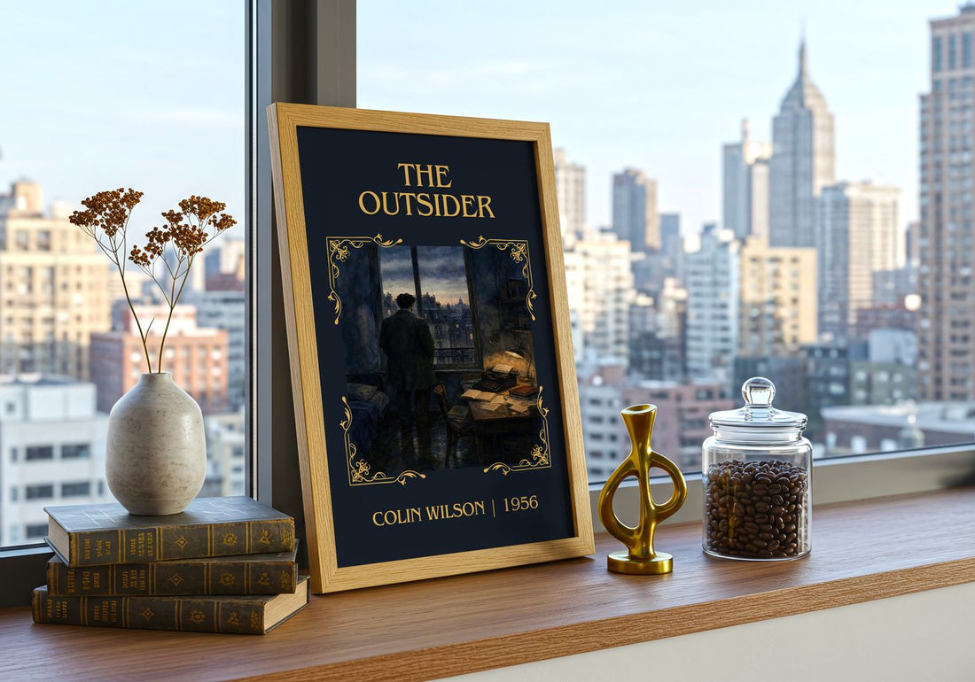 The Outsider Classic Book Art Print by Colin Wilson – framed print on a city-view windowsill