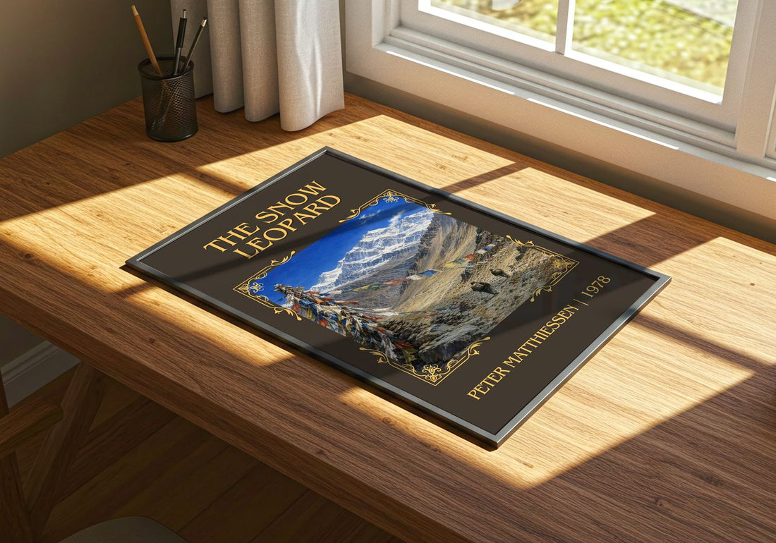 The Snow Leopard Classic Book Art Print by Peter Matthiessen – print on a sunlit desk