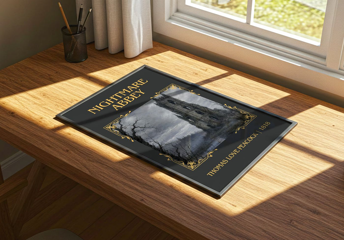 Nightmare Abbey Classic Book Art Print by Thomas Love Peacock – print on a sunlit desk