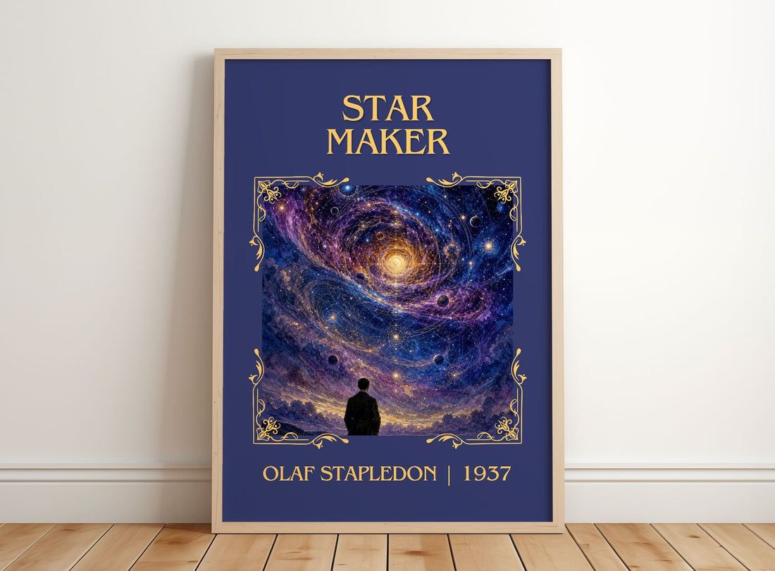 Star Maker Classic Book Art Print by Olaf Stapledon – framed print leaning on a wooden floor