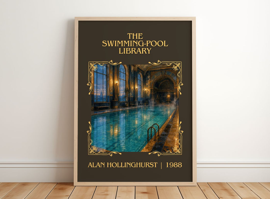 The Swimming-Pool Library Classic Book Art Print by Alan Hollinghurst – framed print leaning on a wooden floor