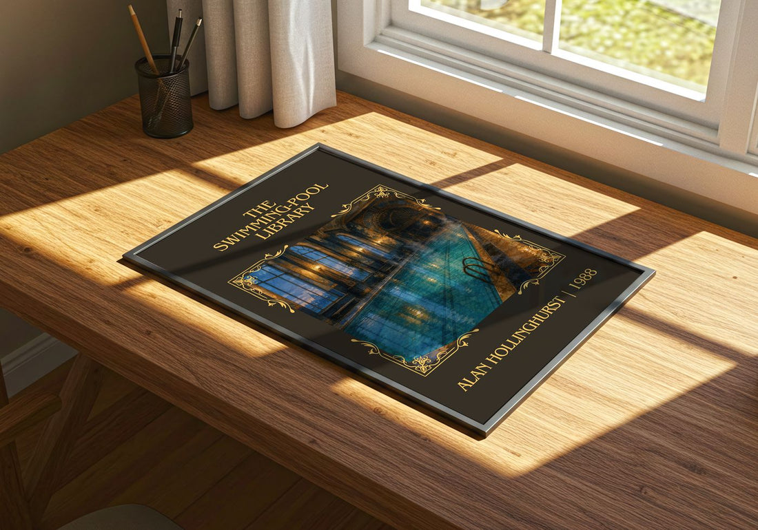 The Swimming-Pool Library Classic Book Art Print by Alan Hollinghurst – print on a sunlit desk