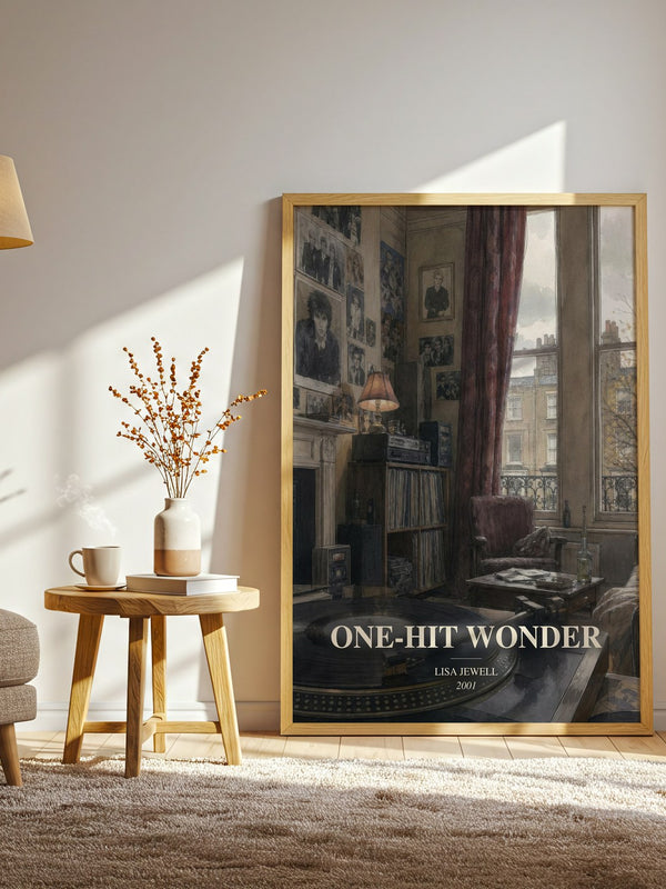 One-Hit Wonder watercolour print in frame leaning in hallway – contemporary fiction wall art