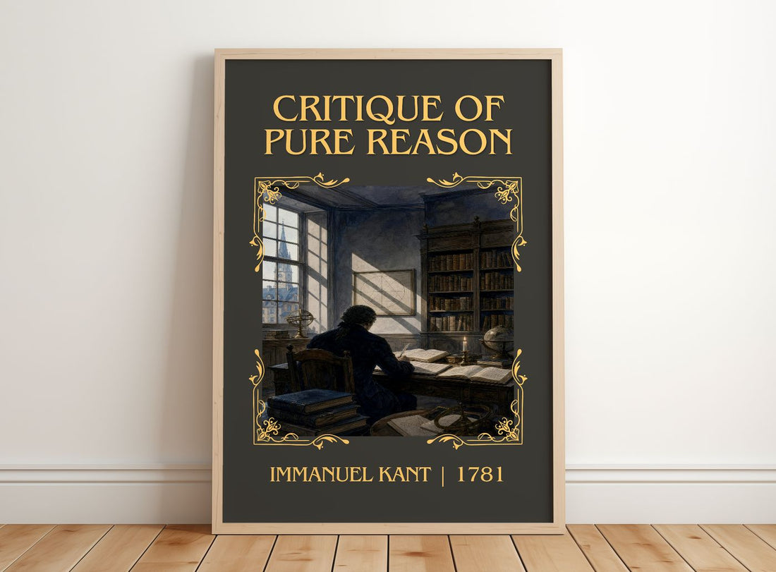 Critique of Pure Reason Classic Book Art Print by Immanuel Kant – framed print leaning on a wooden floor