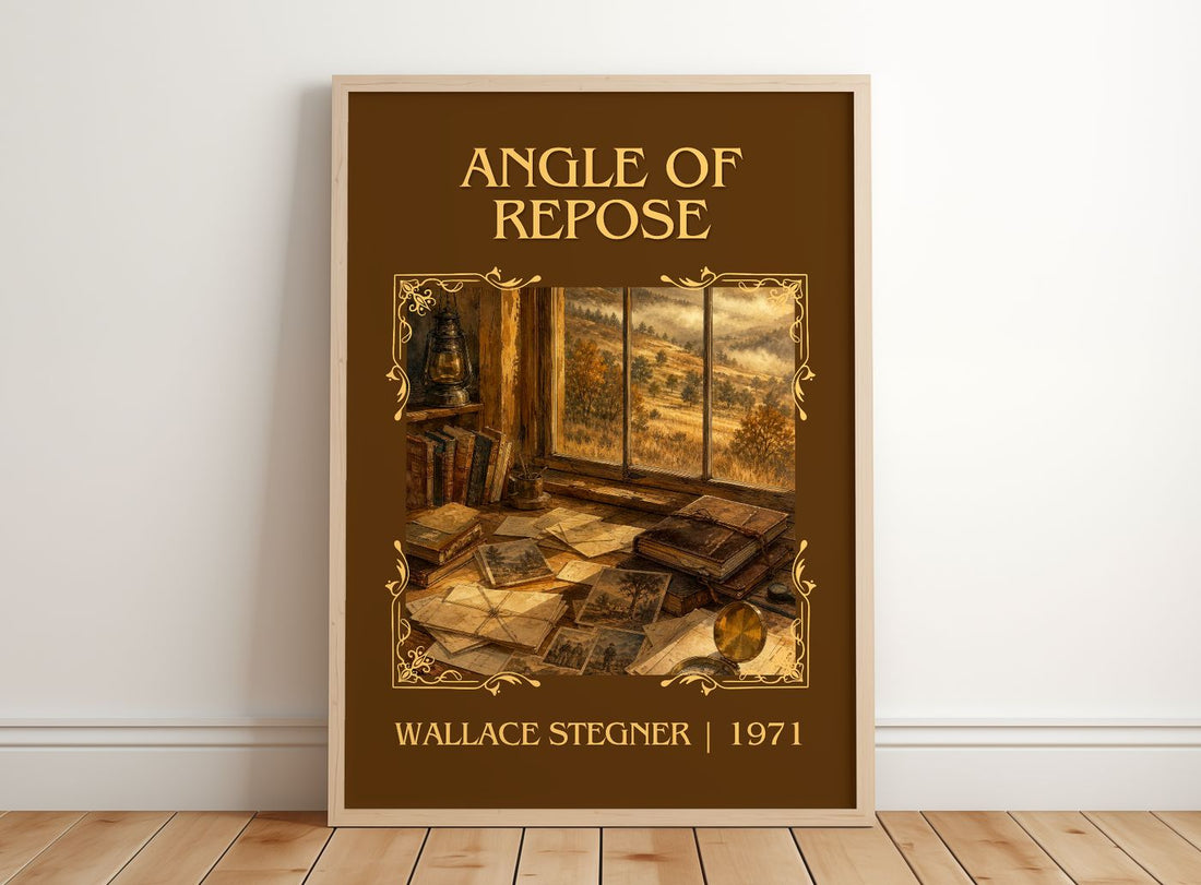 Angle of Repose Classic Book Art Print by Wallace Stegner – framed print leaning on a wooden floor