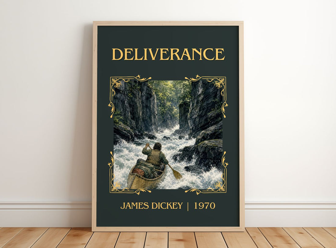 Deliverance Classic Book Art Print by James Dickey – framed print leaning on a wooden floor