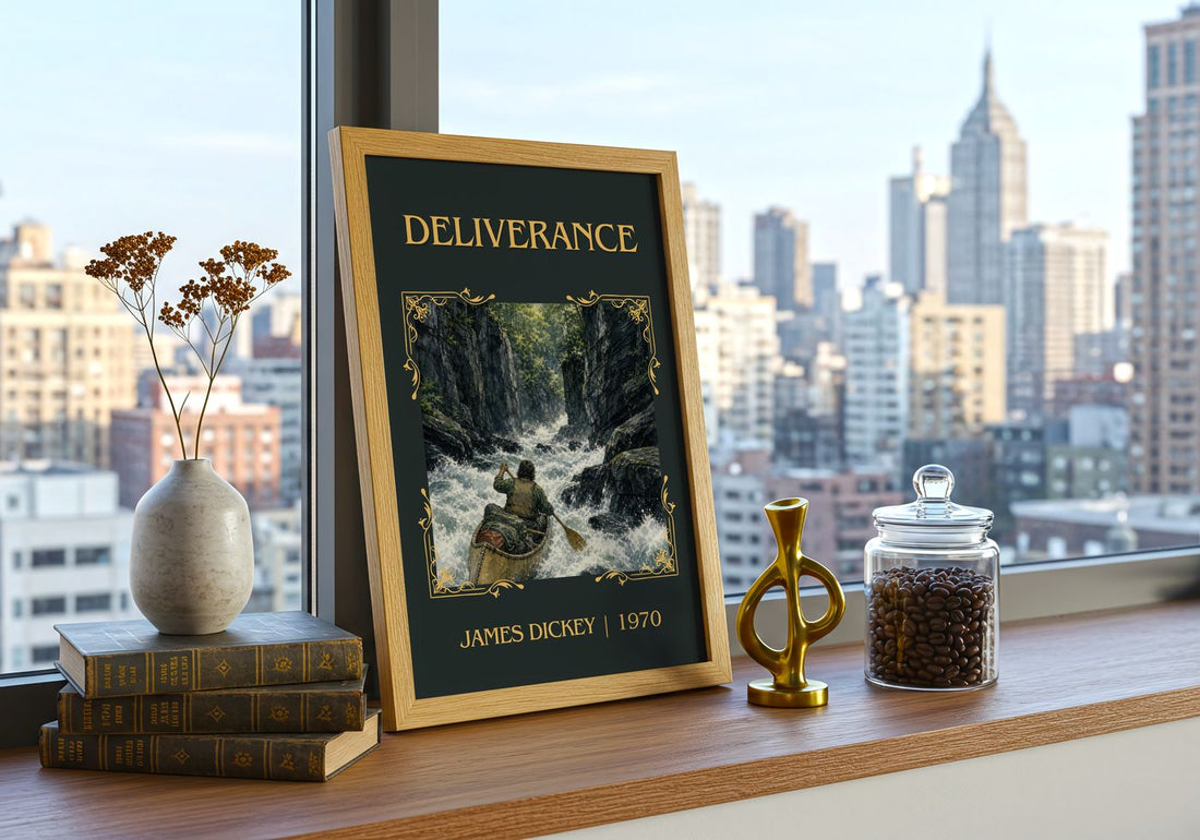 Deliverance Classic Book Art Print by James Dickey – framed print on a city-view windowsill