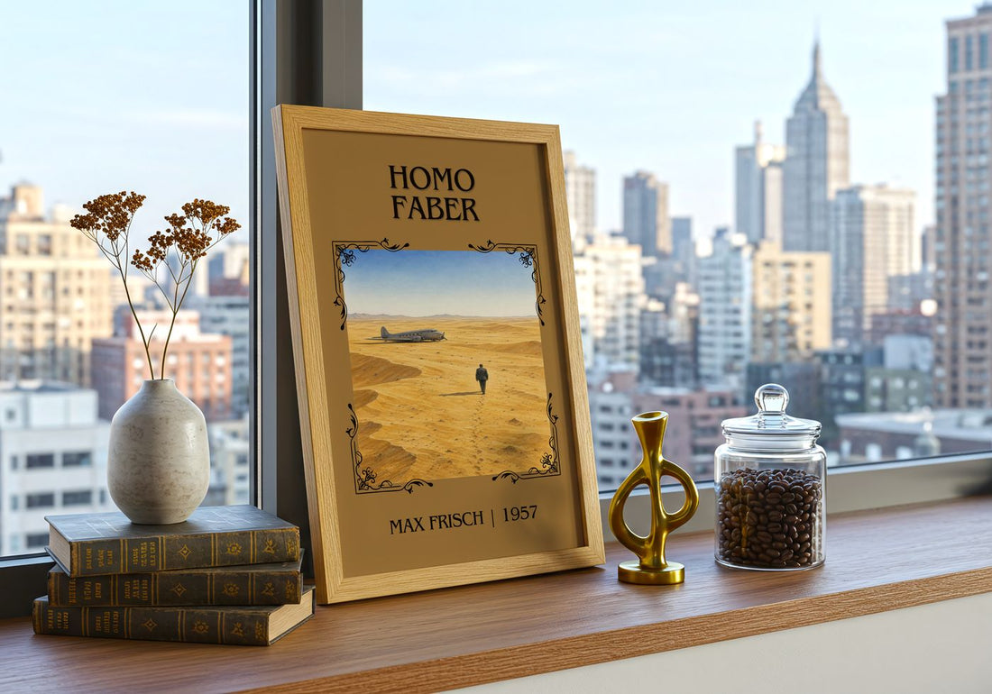 Homo Faber Classic Book Art Print by Max Frisch – framed print on a city-view windowsill
