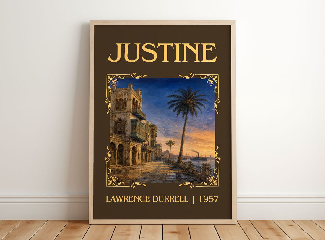 Justine Classic Book Art Print by Lawrence Durrell – framed print leaning on a wooden floor