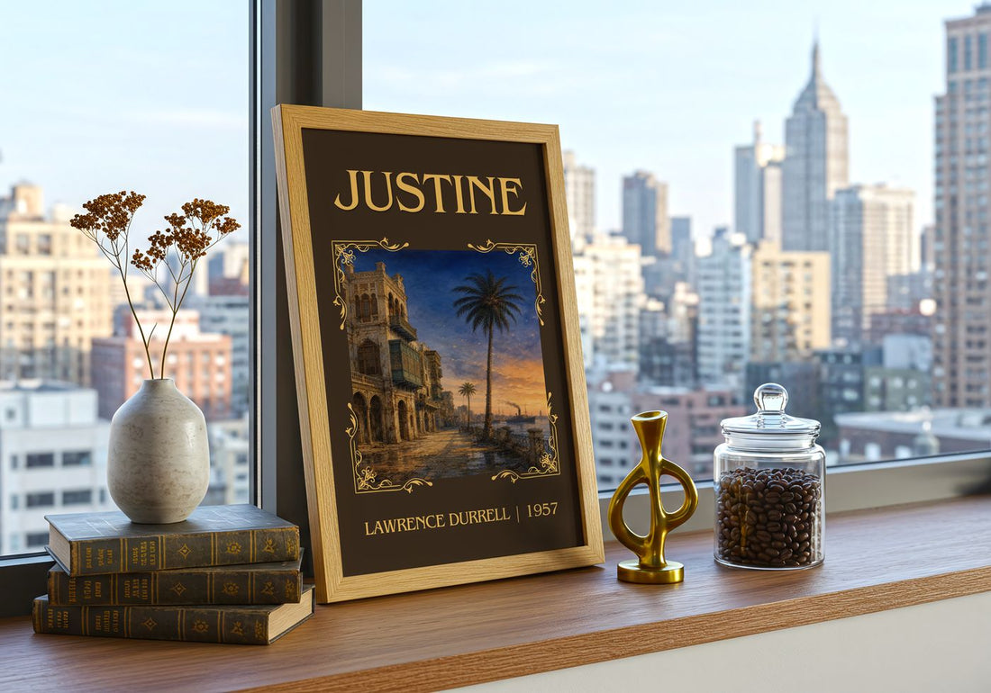 Justine Classic Book Art Print by Lawrence Durrell – framed print on a city-view windowsill