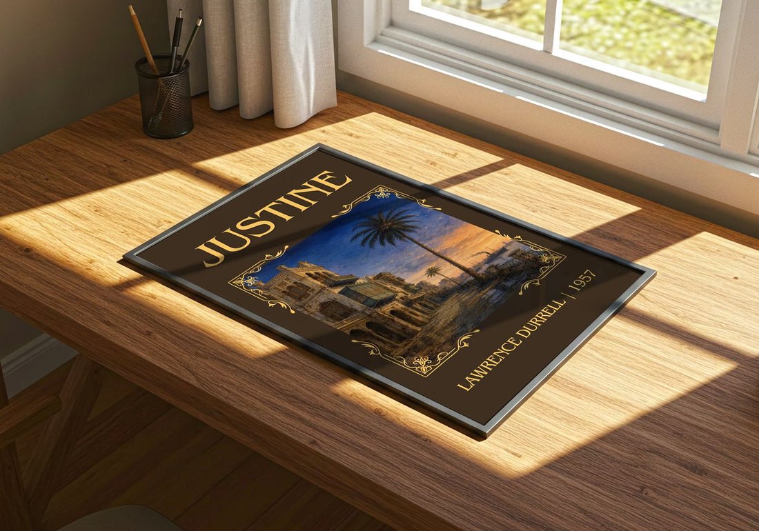 Justine Classic Book Art Print by Lawrence Durrell – print on a sunlit desk