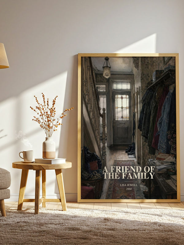 A Friend Of The Family watercolour print in frame leaning in hallway – contemporary fiction wall art