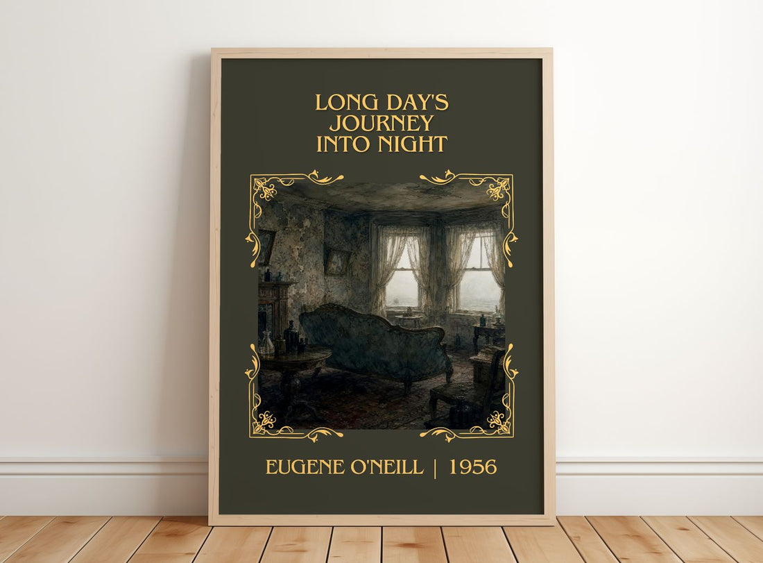 Long Day's Journey Into Night Classic Book Art Print by Eugene O'Neill – framed print leaning on a wooden floor