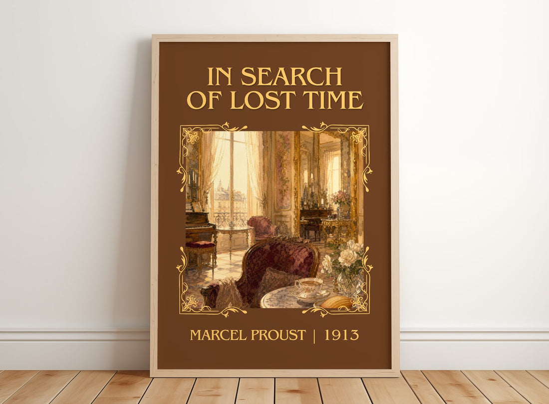 In Search of Lost Time Classic Book Art Print by Marcel Proust – framed print leaning on a wooden floor