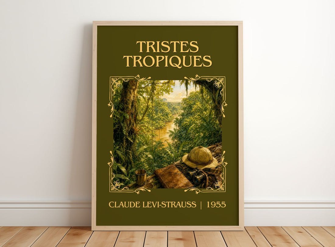 Tristes Tropiques Classic Book Art Print by Claude Lévi-Strauss – framed print leaning on a wooden floor