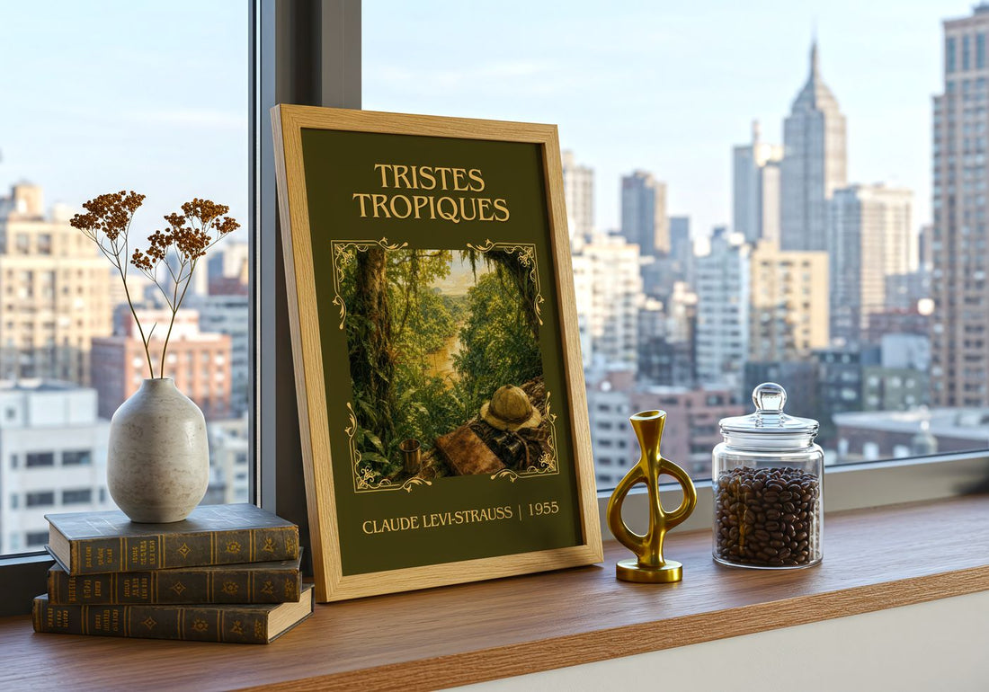 Tristes Tropiques Classic Book Art Print by Claude Lévi-Strauss – framed print on a city-view windowsill