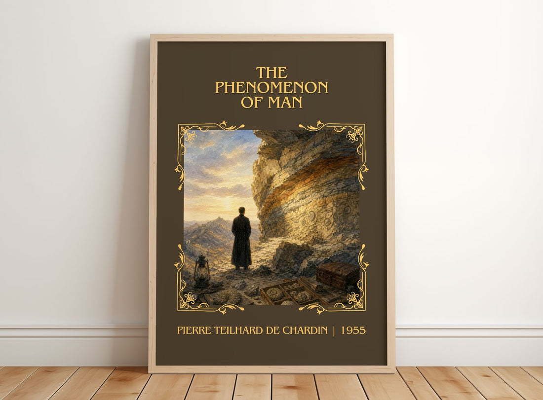 Phenomenon Of Man Classic Book Art Print by Pierre Teilhard de Chardin – framed print leaning on a wooden floor
