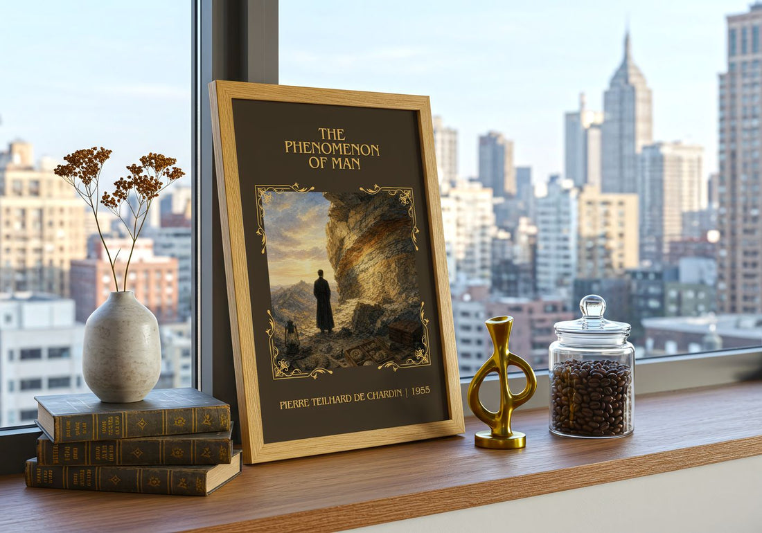 Phenomenon Of Man Classic Book Art Print by Pierre Teilhard de Chardin – framed print on a city-view windowsill