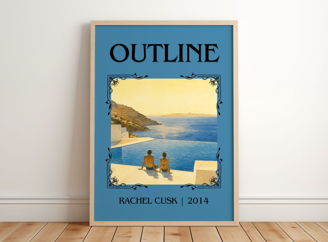 Outline Classic Book Art Print by Rachel Cusk – framed print leaning on a wooden floor