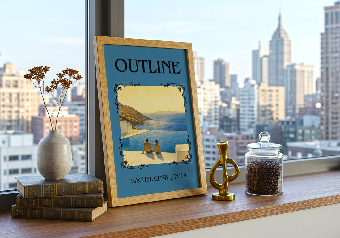 Outline Classic Book Art Print by Rachel Cusk – framed print on a city-view windowsill