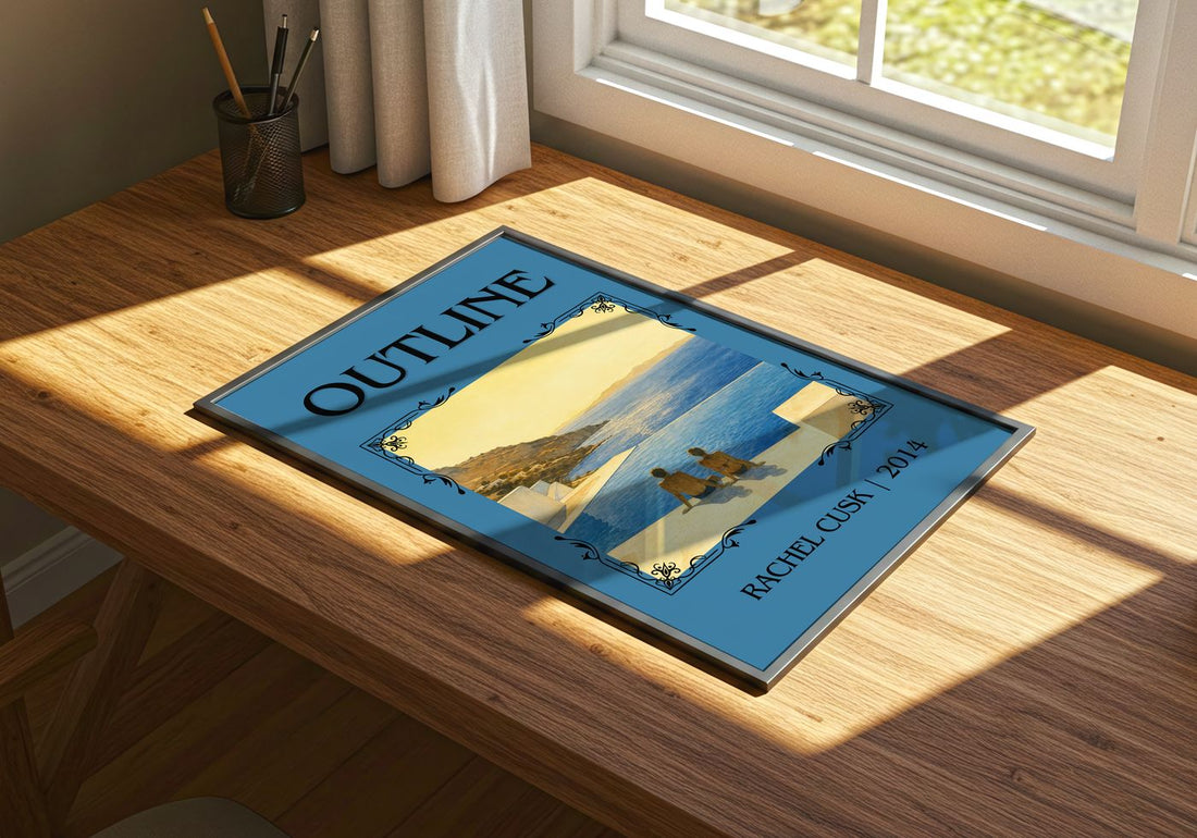 Outline Classic Book Art Print by Rachel Cusk – print on a sunlit desk