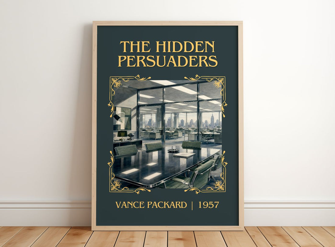 The Hidden Persuaders Classic Book Art Print by Vance Packard – framed print leaning on a wooden floor