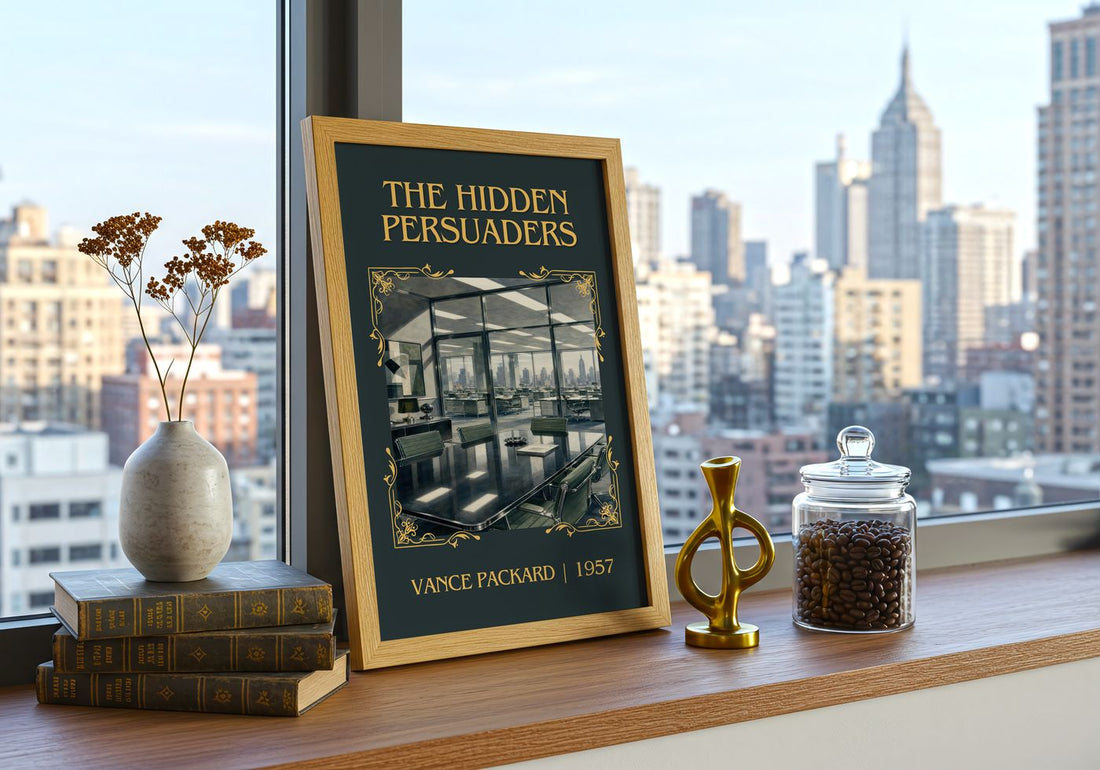 The Hidden Persuaders Classic Book Art Print by Vance Packard – framed print on a city-view windowsill