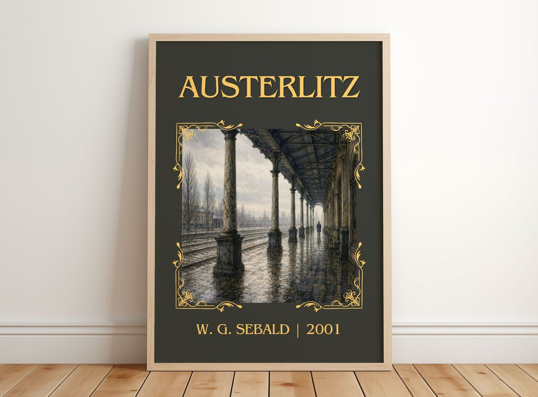 Austerlitz Classic Book Art Print by W. G. Sebald – framed print leaning on a wooden floor