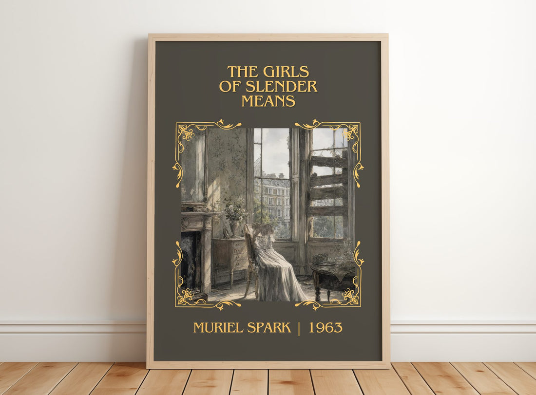 The Girls of Slender Means Classic Book Art Print by Muriel Spark – framed print leaning on a wooden floor