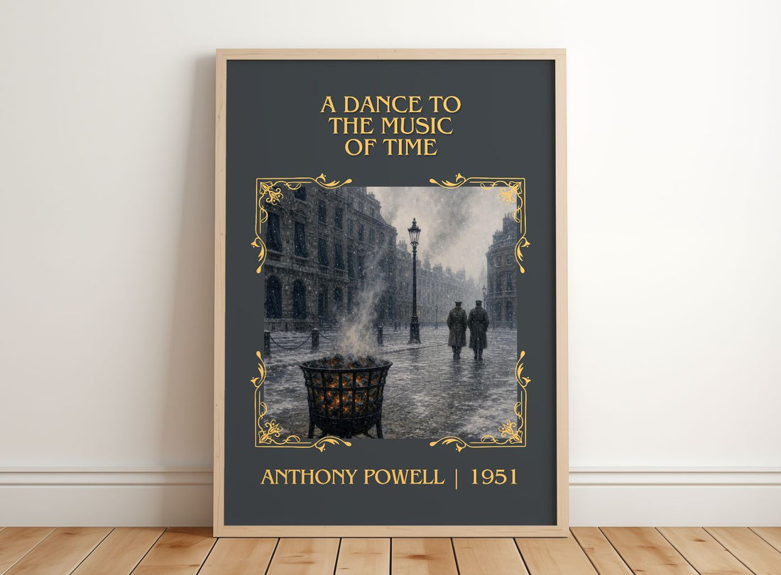 A Dance to the Music of Time Classic Book Art Print by Anthony Powell – framed print leaning on a wooden floor
