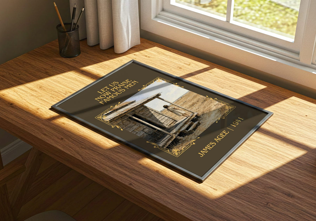 Let Us Now Praise Famous Men Classic Book Art Print by James Agee – print on a sunlit desk
